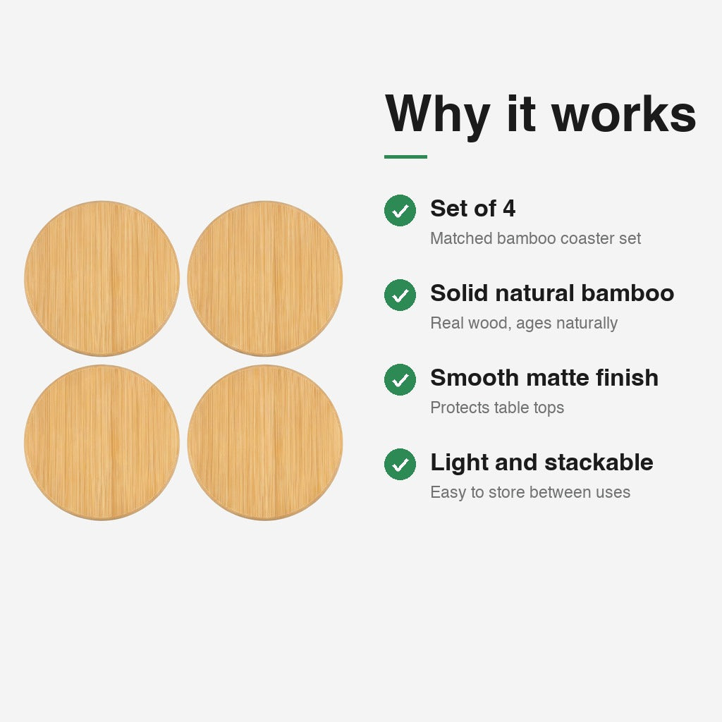 Natural Bamboo Round Coasters features — set of 4, solid bamboo, smooth matte finish, stackable