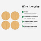 Natural Bamboo Round Coasters features — set of 4, solid bamboo, smooth matte finish, stackable