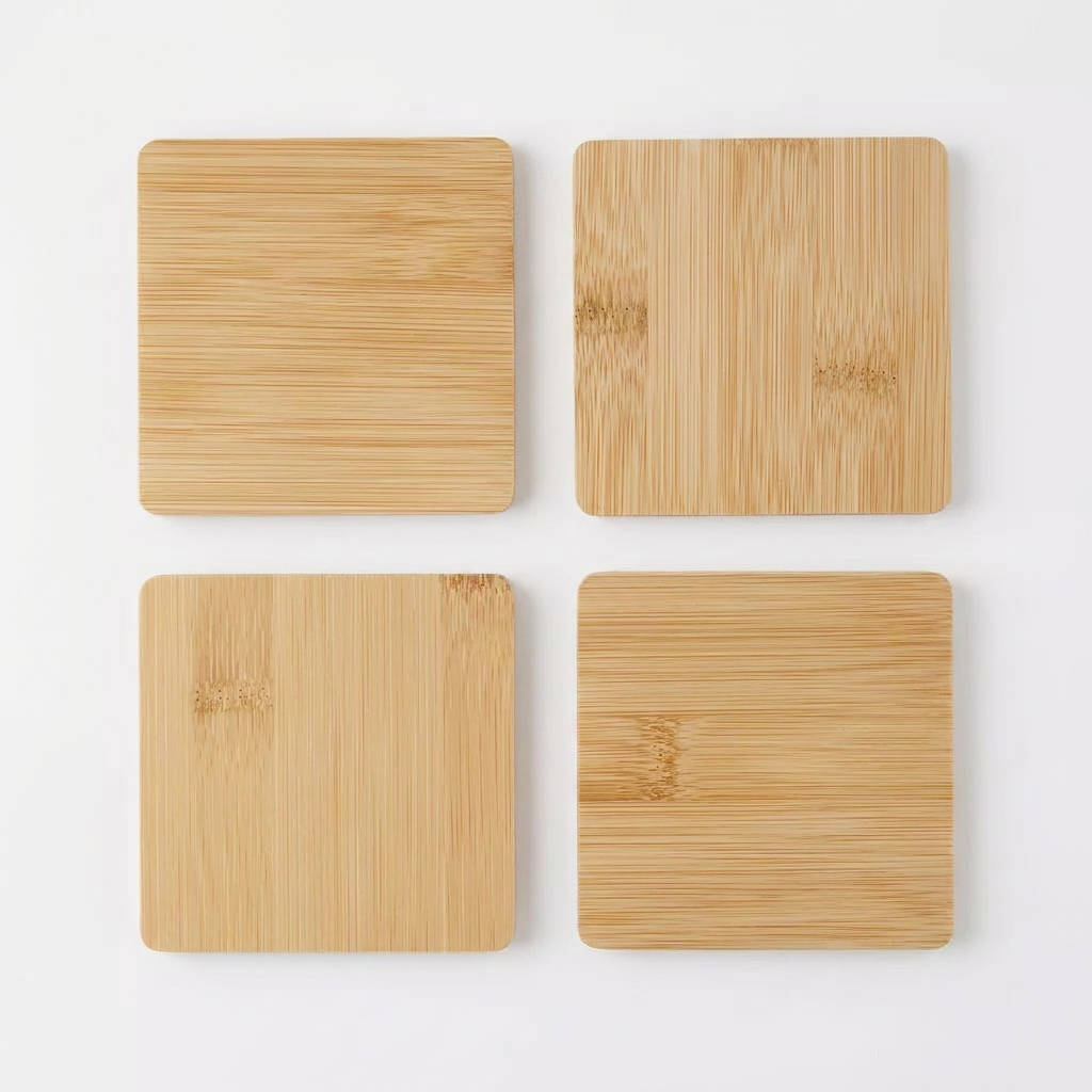 Natural Bamboo Square Coasters set of 4, top view on white background