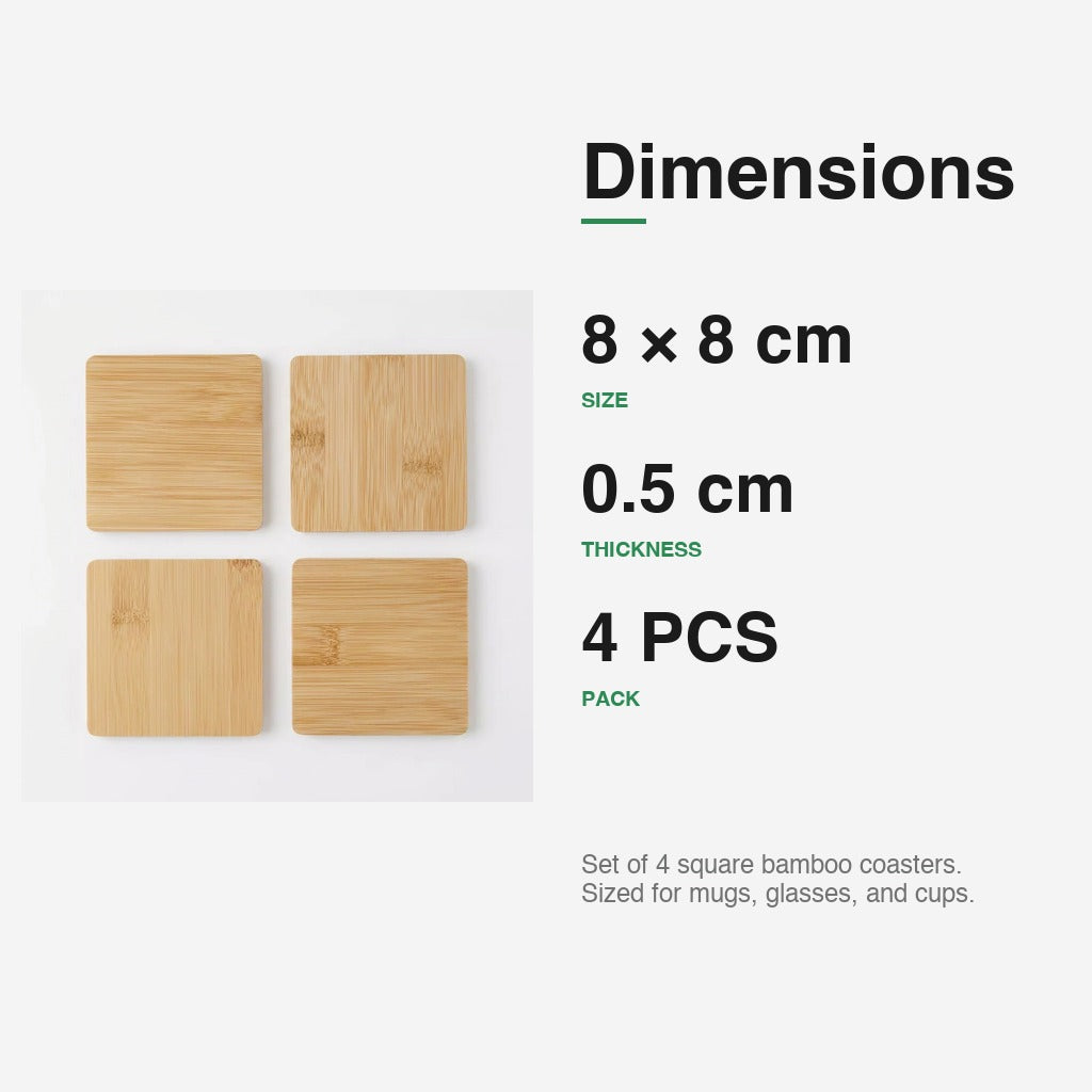 Natural Bamboo Square Coasters dimensions — 8 x 8 cm, 0.5 cm thick, pack of 4