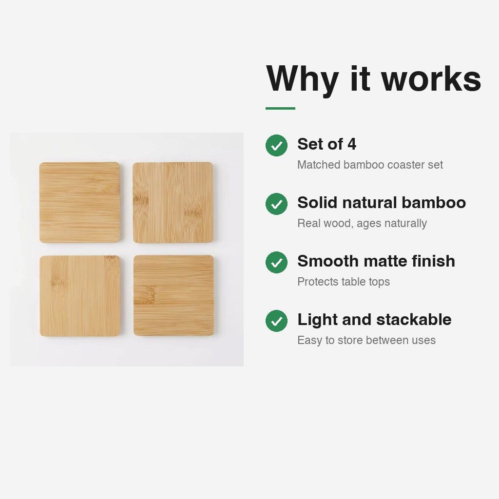 Natural Bamboo Square Coasters features — set of 4, solid bamboo, smooth matte finish, stackable