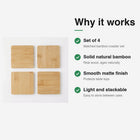 Natural Bamboo Square Coasters features — set of 4, solid bamboo, smooth matte finish, stackable
