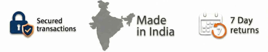 Logos indicating 'Secured transactions', 'Made in India', and '7 Day returns' on a white background.
