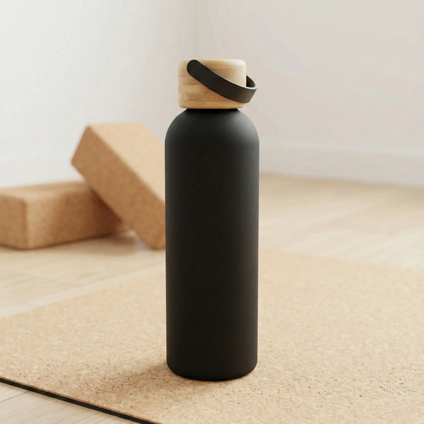 Water Bottle 500ml in sleek black design with a wooden cap, perfect for everyday use and easy portability.