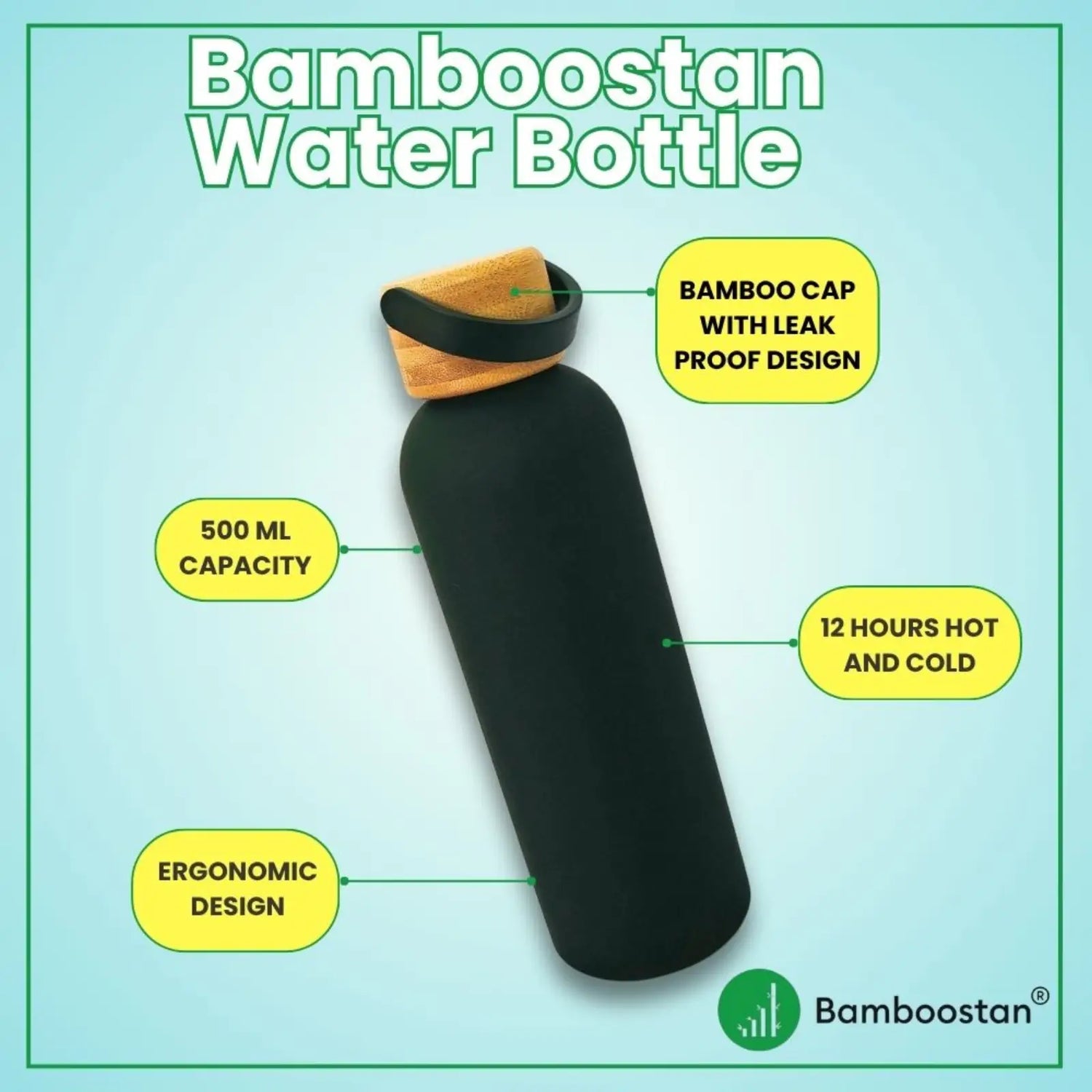 Bamboo water bottle with features highlighted on a light blue background