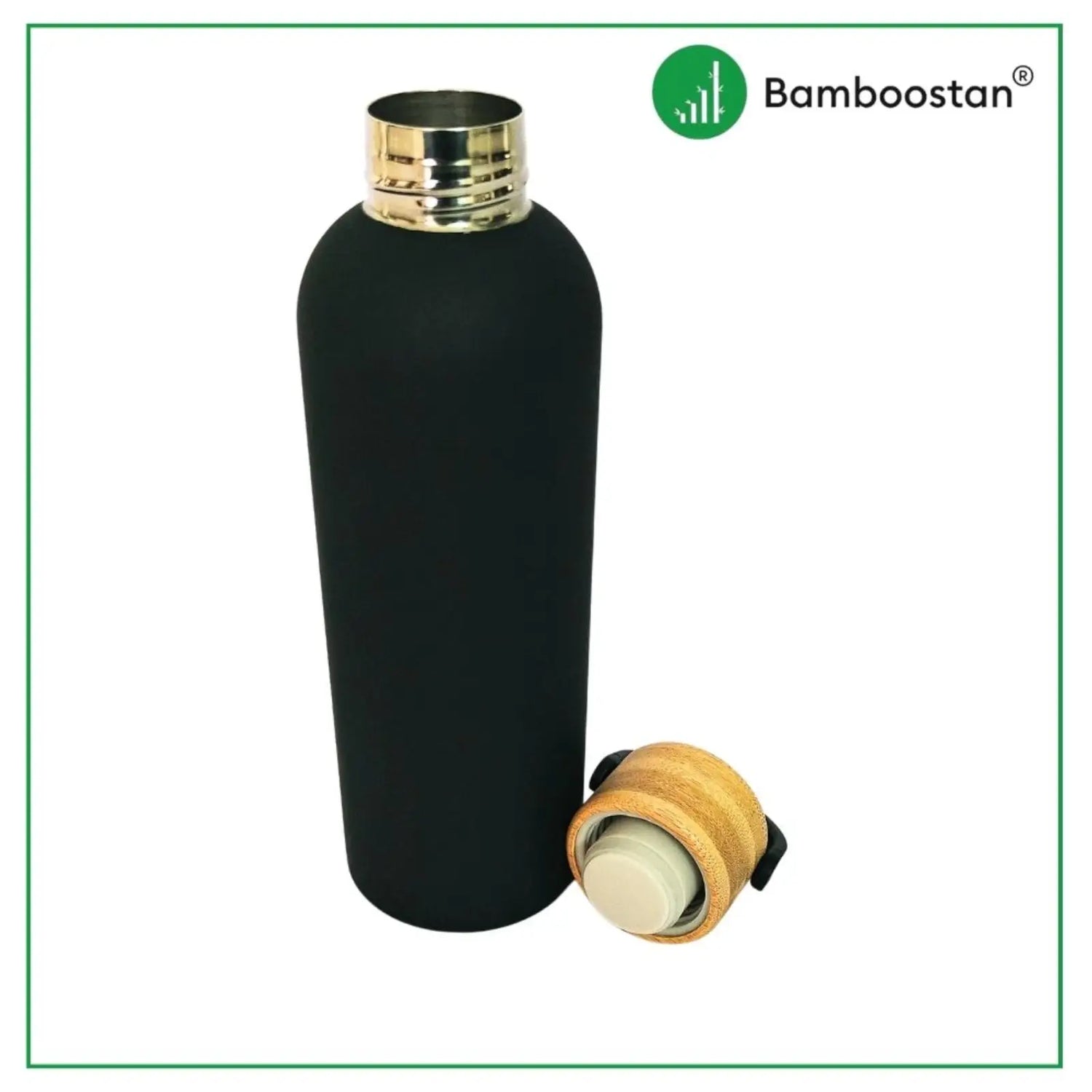 Black water bottle with bamboo cap on a white background, featuring the Bamboostan logo.