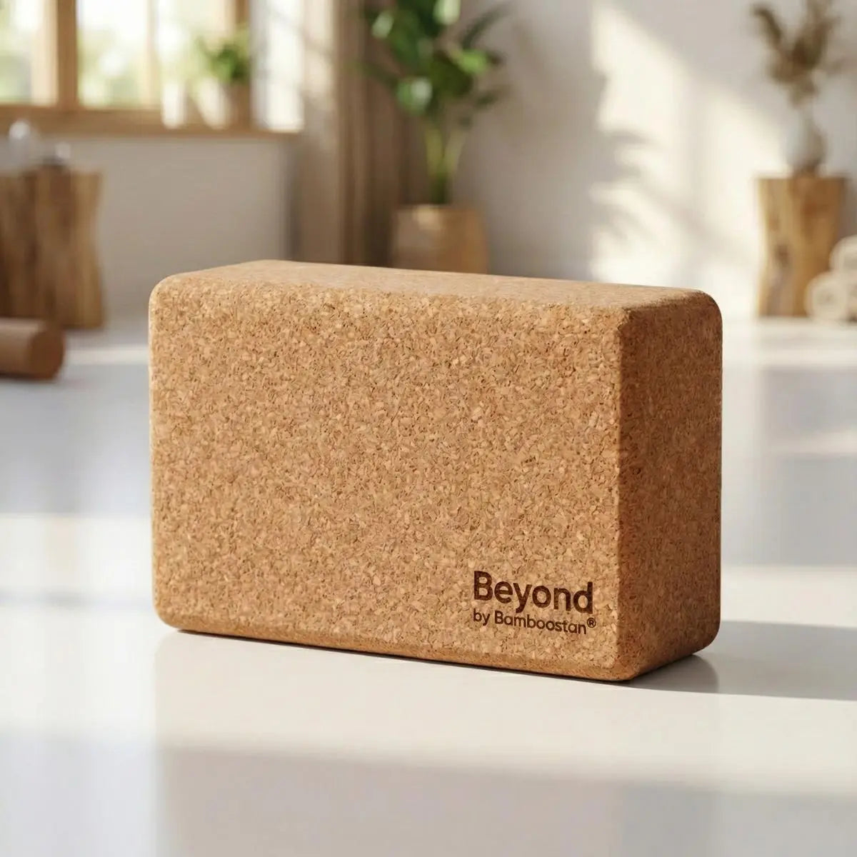 Cork yoga block on a light surface.