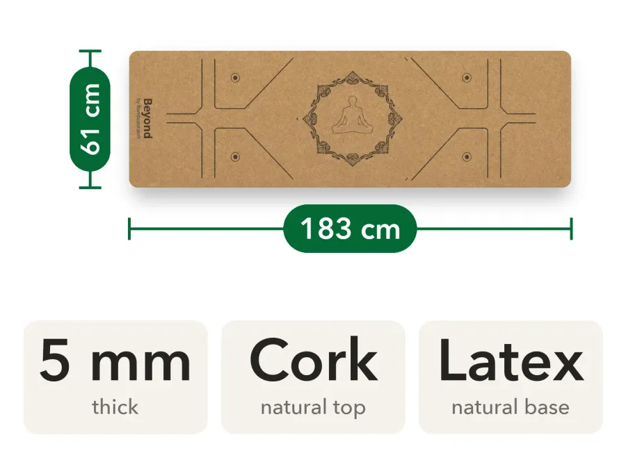 Cork yoga mat from above with its size marked: 183 cm long, 61 cm wide. Below: 5 mm thick, cork top, latex base.